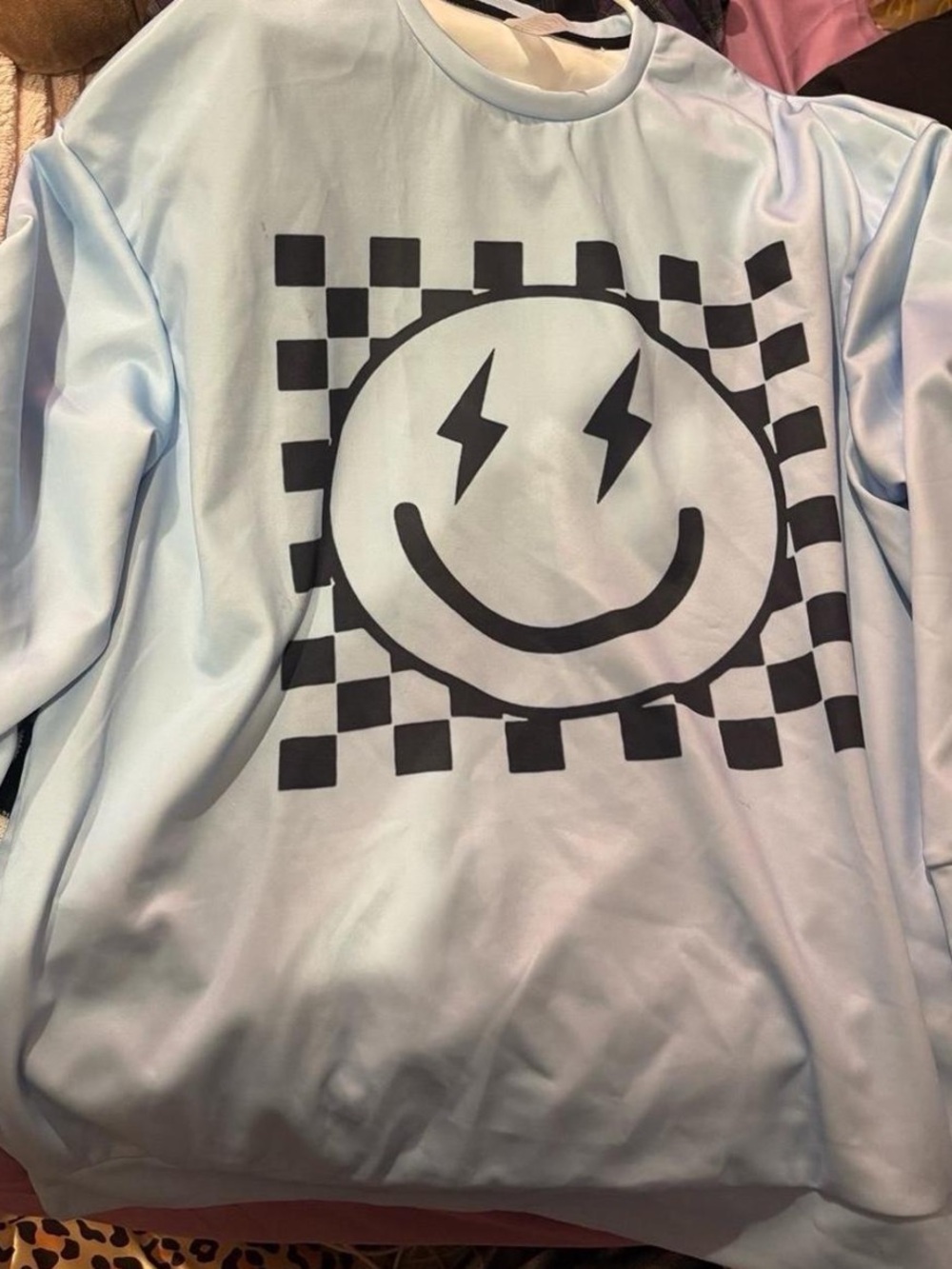 Light Blue Graphic Smiley Checkerboard Sweatshirt Plus Size